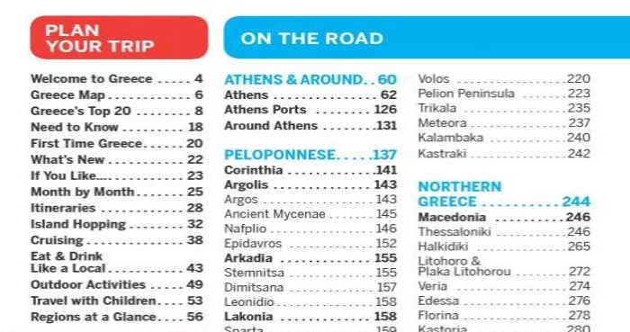 Sample contents from the Lonely Planet Guide to Greece