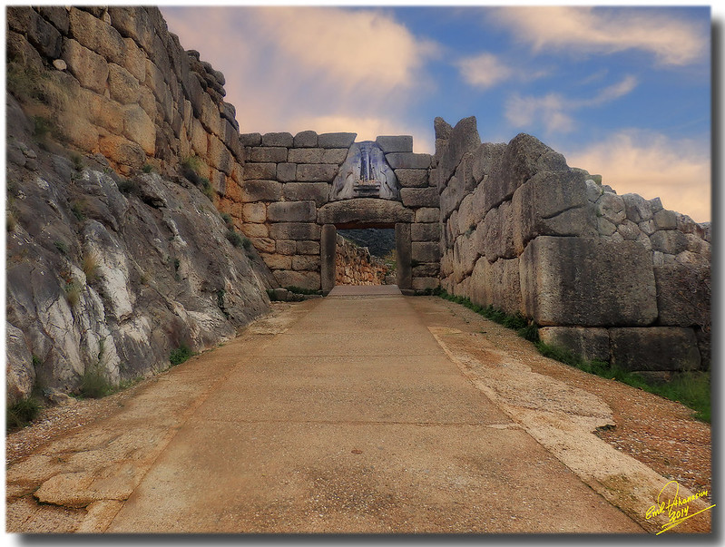 Mycenae in the Greek Peloponnese was a royal palace and is famous for the royal tombs, Lion Gate, and was excavated by archaeologist Heinrich Schliemann.